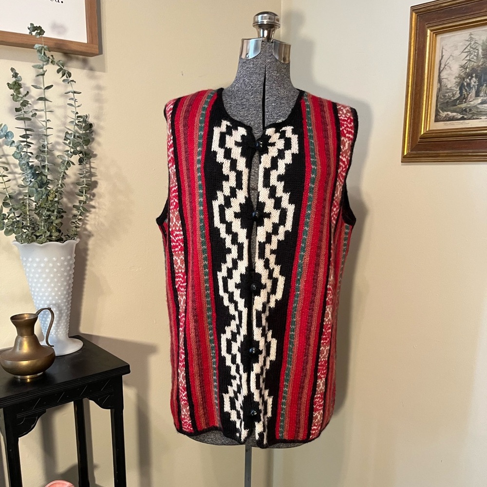 Alpaca Wool Geometric Colorful Boho Button Up Vest- Exclusive Design, OS